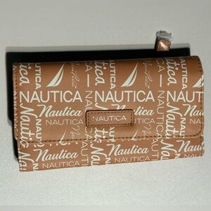 Nautica Brown Logo Print Long Wallet Clutch RFID Zip Coin Pocket NWOT